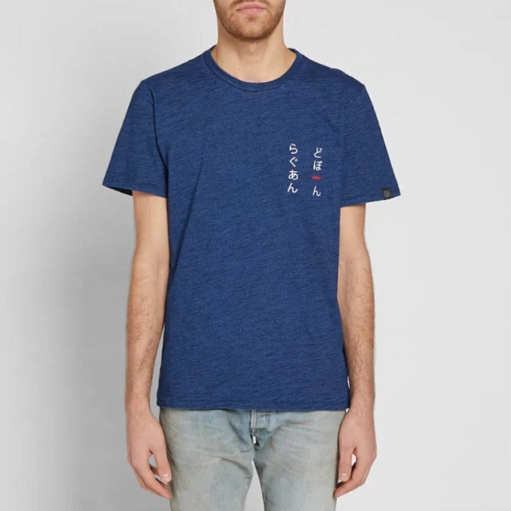 RAG & BONE Men's Heather Blue White 100% Cotton Japanese Writing T-Shirt Medium